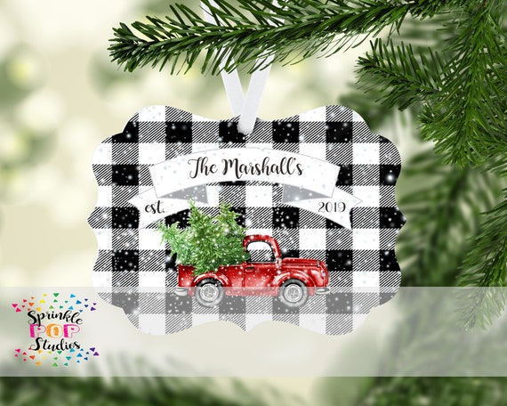 Buffalo Plaid BW Ornament Design Red Truck With Christmas Tree