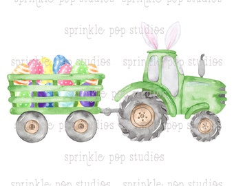 Puede incluir: Un tractor verde con orejas de conejo tira de un vagón lleno de huevos de Pascua coloridos. El vagón es verde y tiene un diseño de listones de madera.