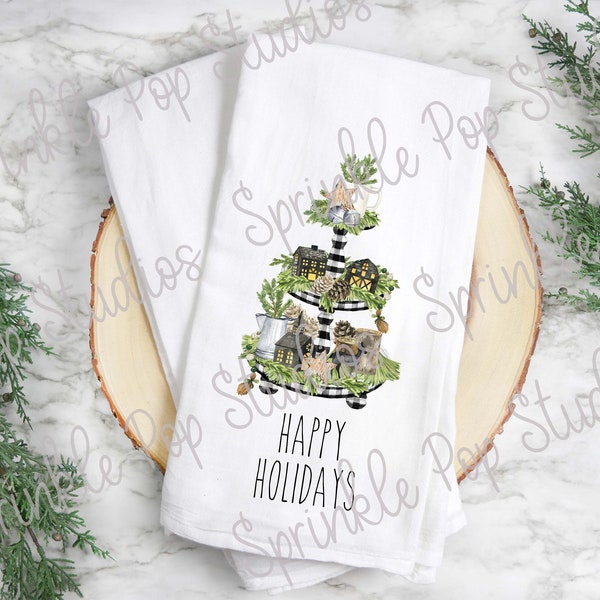 Christmas Flour Sack Towel Design ~  Farmhouse Christmas Tiered Tray  ~ Natural and Greenery ~ Christmas Tiered Tray