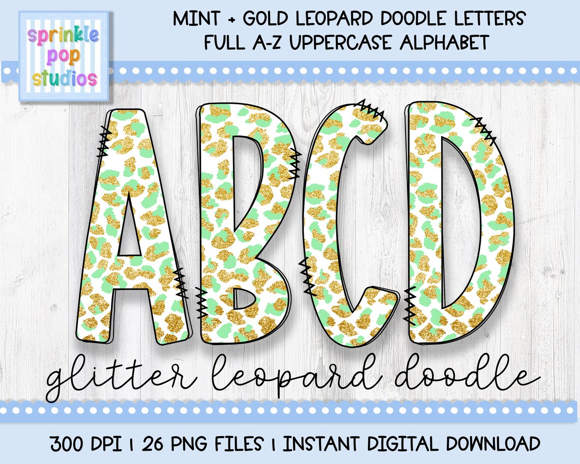 Doodle Alphabet Green and Gold Glitter Leopard Doodle | Etsy
