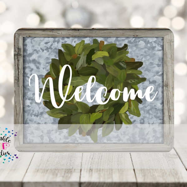 Galvanized Wood Frame Welcome Sign ~ Magnolia Wreath ~ Dry Erase Board Sublimation Design Template ~ Farmhouse Design ~ Vintage Farmhouse