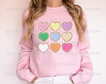 Valentine's Shirt Design | Colorful Hearts | Colorful Heart Patches | Varsity Letters | Faux Chenille Letters | Vday design