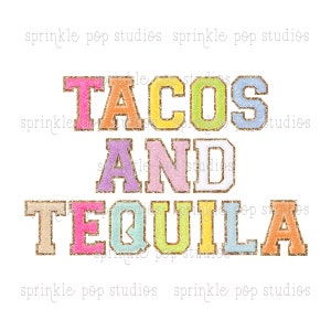 Puede incluir: Un diseño gráfico colorido con el texto "TACOS AND TEQUILA" en una fuente brillante. Las letras están delineadas en oro y cada letra es de un color pastel diferente.