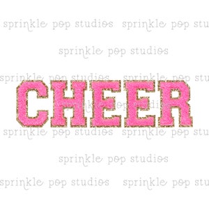 May include: Pink and gold glitter "CHEER" letters on a white background.