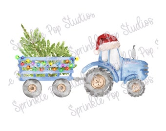 Blue Tractor Christmas Design - Tree and Lights ~ Christmas Sublimation Design Template