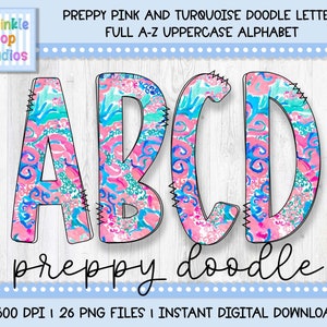 Doodle Alphabet | Preppy Pink and Turquoise Doodle Letters | Alphabet Font Clipart Png | Sublimation and Heat Press Designs