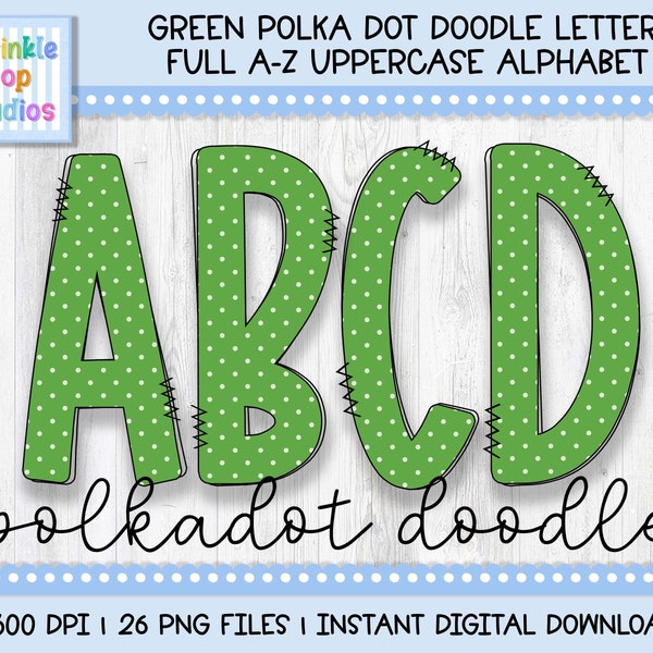 Doodle Alphabet | Green Polkadot Doodle Letters | Alphabet Font Clipart Png | Sublimation and Heat Press Designs