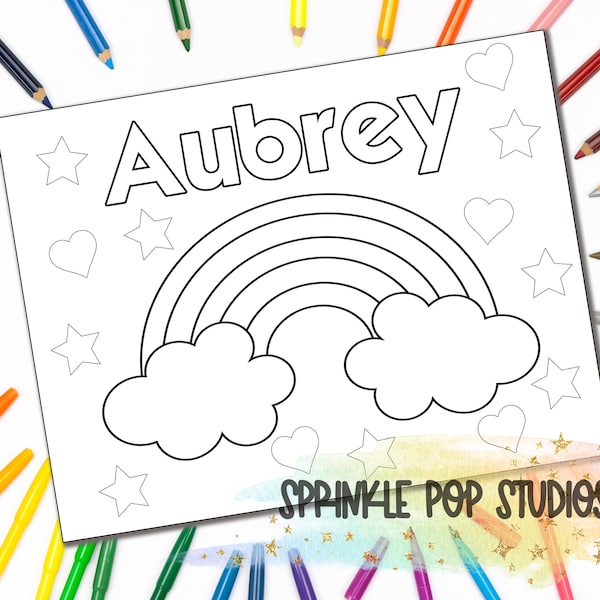 Personalized Coloring Page ~ Rainbow, Hearts, Stars ~ Custom Coloring Book Page with Name ~ Digital Download ~ Coloring Pages for Kids