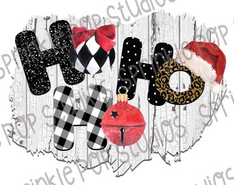 Ho Ho Ho Christmas Design - Leopard Glitter & Buffalo Plaid (PNG Digital File)