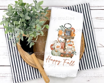 Halloween Flour Sack Towel Design ~  Farmhouse Autumn Tiered Tray  ~ Fall Tiered Tray