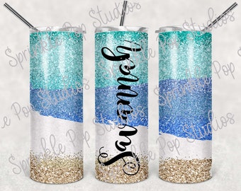 May include: A set of three stainless steel tumblers with a glitter design. The tumblers are blue, white, and gold. The middle tumbler has the name "Savannah" written in black on it.