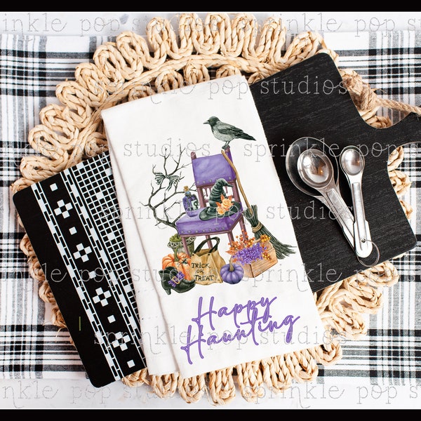 Halloween Flour Sack Towel Design ~  Farmhouse Halloween Chair with Pumpkins  ~ Purple ~ Happy Haunting