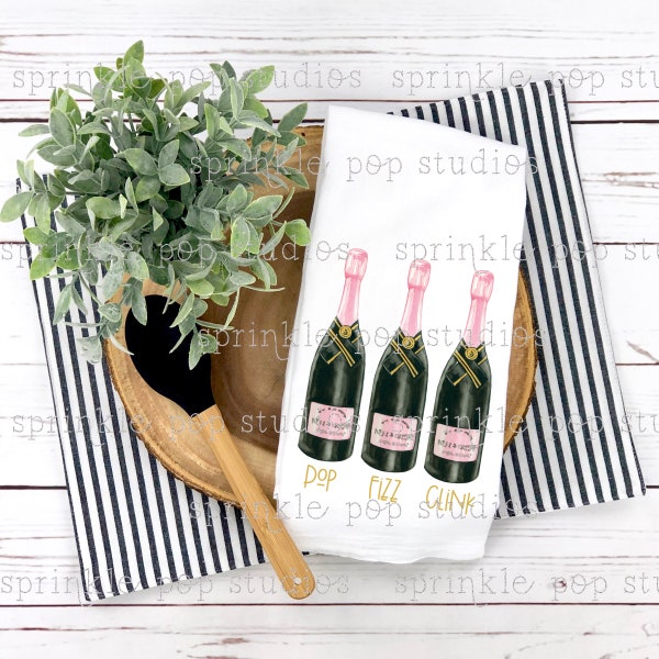 Flour Sack Towel Design ~ Pop Fizz Clink ~ Preppy Bar Towel Design Template ~ Champagne