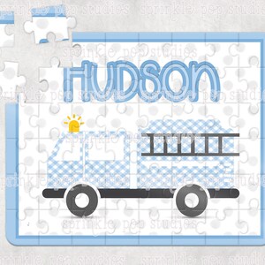 Blaues Gingham Feuerwehrauto | Puzzle Sublimation Design Vorlage | Kinder Firetruck Design | Individuelles Puzzle Design | Personalisiertes Puzzle