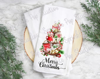 Christmas Flour Sack Towel Design ~  Farmhouse Christmas Tiered Tray  ~ Christmas Tiered Tray