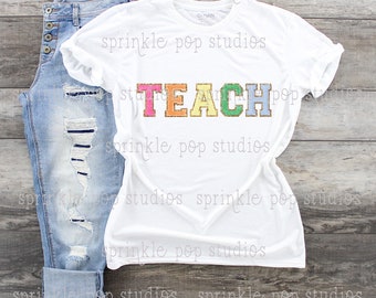 Leraar Shirt Ontwerp | Ontwerp leren | Kleurrijke patchbrieven | Varsity-brieven | Faux Chenille-letters | Kat ontwerp