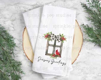 Flour Sack Towel Design ~ Christmas Design ~ Cardinal in Window ~ Seasons Greetings ~ Christmas Sublimation Design Template ~ Holiday Design