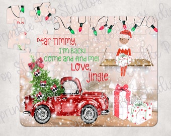 May include: A red toy truck with a Christmas tree in the back. The truck is on a snowy background with a Christmas elf sitting on a shelf above the truck. The elf is holding a wrapped gift. The text "Dear Timmy, I'm Back! Come and find me! Love, Jingle" is written on the image.