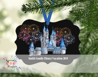 Disneyworld Castle Black - Ornament Design - Castle and Fireworks ~ Ornament Sublimation Design Template - Customize Name and Date