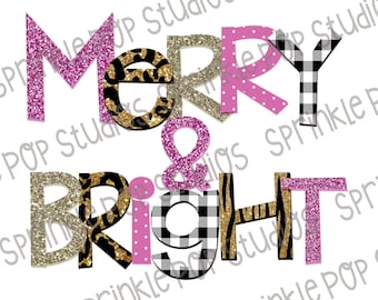 Merry and Bright Christmas Design - Leopard, Plaid, Glitter (PNG Digital File)