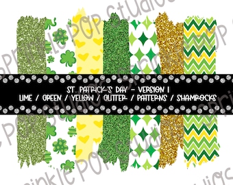 St. Patrick's Day (Version 1) ~ Brush Stroke Background - Sublimation Design - St. Patricks Day Brush Strokes - Lime, Green, Yellow, Glitter