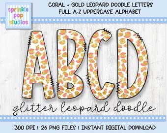 Doodle Alphabet | Coral and Gold Glitter Leopard Doodle Letters | Alphabet Font Clipart Png | Sublimation and Heat Press Designs
