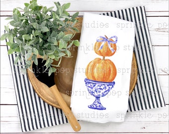 Halloween Flour Sack Towel Design | Chinoiserie Pumpkin Topiary | Halloween Sublimation Design ~ Chinoiserie Halloween Sublimation Design