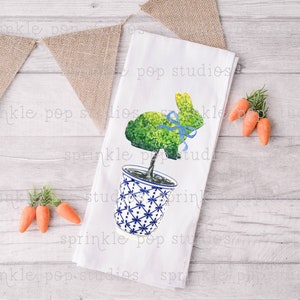 Spring Design ~ Chinoiserie Bunny Topiary ~ Kitchen Towel Design ~ Digital Download ~ Ginger Jar ~ Bluw and White