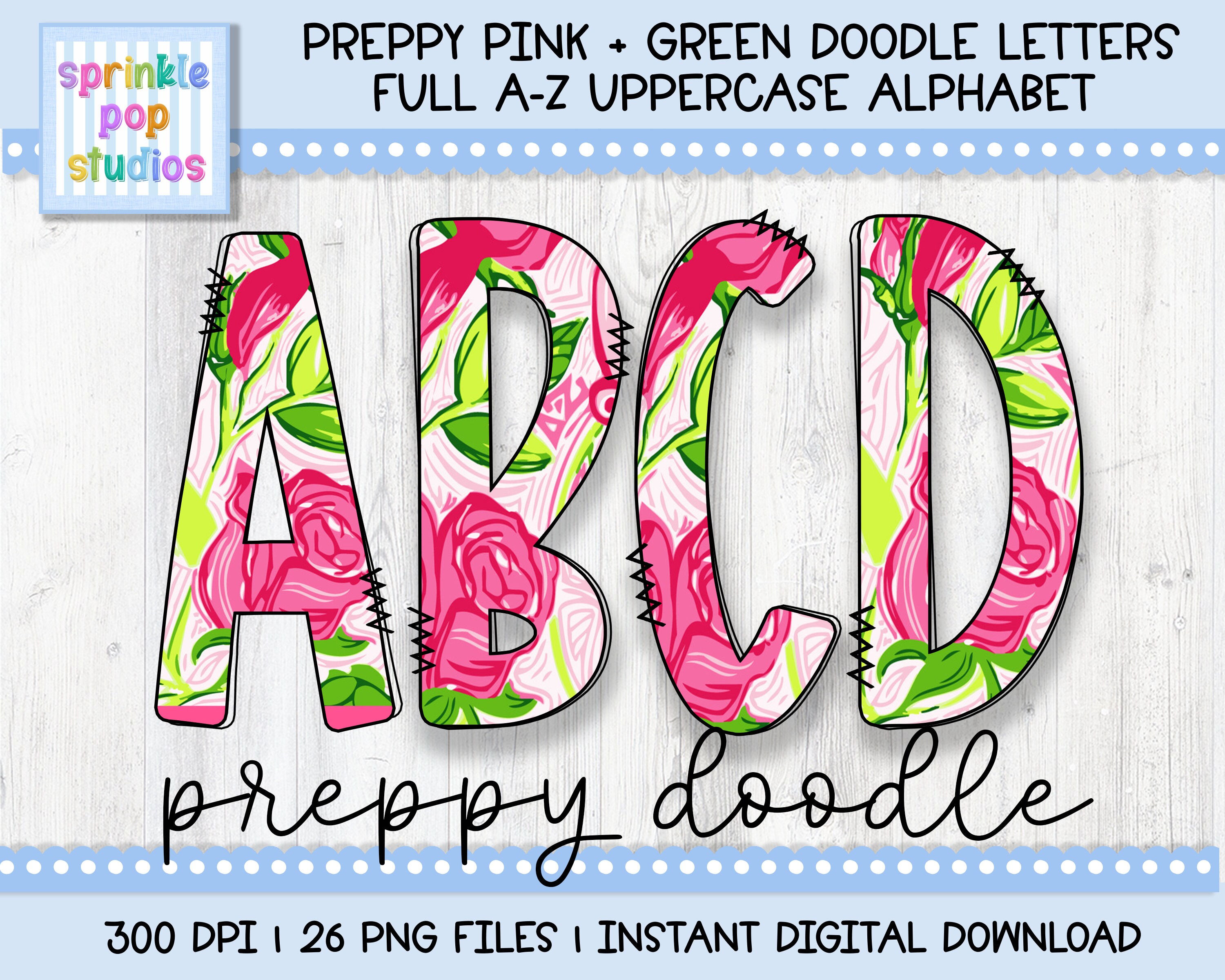 Doodle Alphabet Preppy Pink and Green Doodle Letters Alphabet Font ...