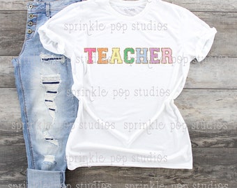Leraar Shirt Ontwerp | Leraar Ontwerp | Kleurrijke patchbrieven | Varsity-brieven | Faux Chenille-letters | Kat ontwerp