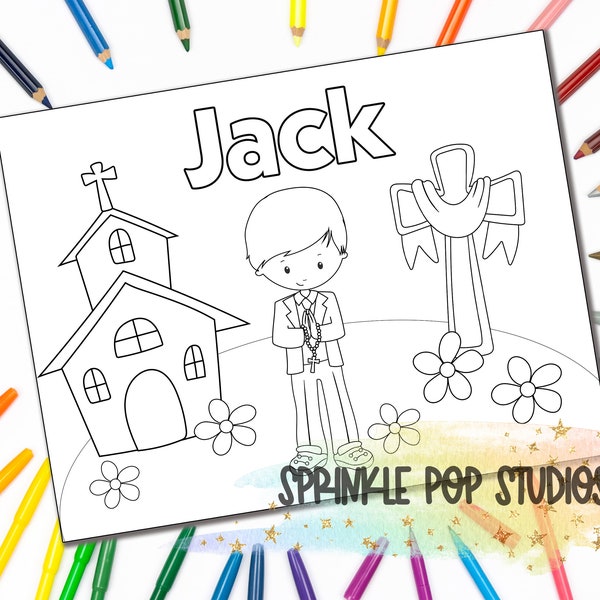 Personalized Coloring Page ~ First Communion Boy ~ Custom Coloring Book Page with Name ~ Digital Download ~ Coloring Pages for Kids