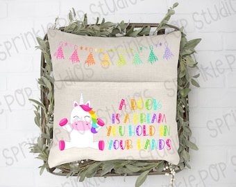Book Pillow Sublimation Design Template ~ Unicorn Dreams ~ Custom Pocket Pillow Design