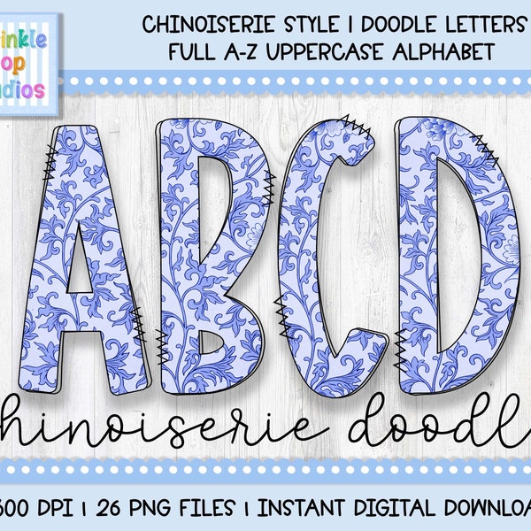 Doodle Alphabet | Chinoiserie Doodle Letters | Style 1 | Alphabet Font Clipart Png | Sublimation and Heat Press Designs