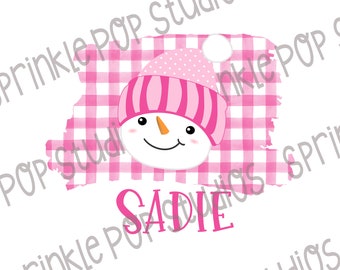 Kids Christmas Design - Snowman Girl on Pink Plaid - Cute Christmas Sublimation Design Template - You Personalize With Custom Name