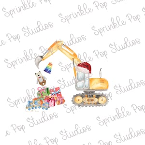 Conception de Noël de construction - Excavatrice avec cadeaux et jouets ~ Modèle de conception de sublimation de Noël