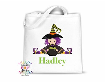 Custom Halloween Trick or Treat Bag Design: Purple Hair Witch (PNG)
