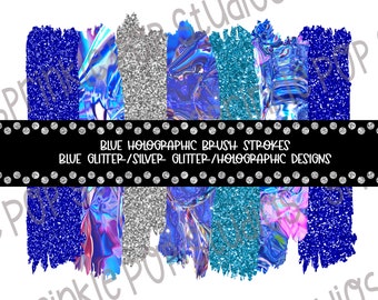 May include: Digital clipart set of blue holographic brush strokes, blue glitter, silver glitter, and holographic designs.  "BLUE HOLOGRAPHIC BRUSH STROKES BLUE GLITTER/SILVER GLITTER/HOLOGRAPHIC DESIGNS"