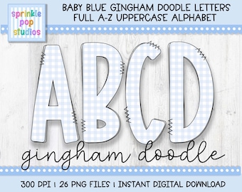 Doodle Alphabet | Baby Blue Gingham Doodle Letters | Plaid Font Clipart Png | Sublimation and Heat Press Designs