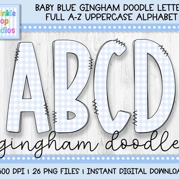 Doodle Alphabet | Baby Blue Gingham Doodle Letters | Plaid Font Clipart Png | Sublimation and Heat Press Designs