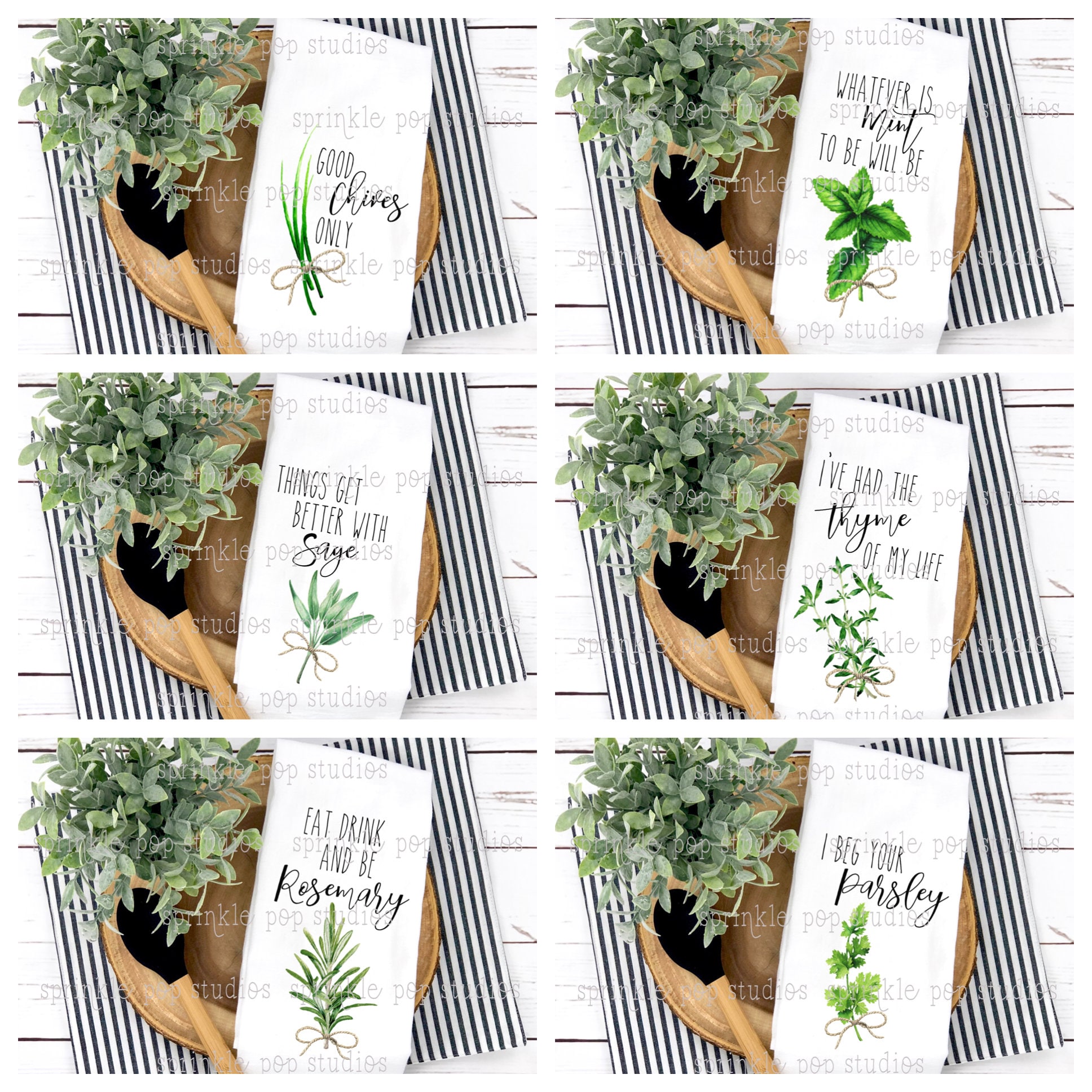 BUNDLE ~ 6 diseños de toallas de saco de harina ~ Juego de 6 juegos de palabras de hierbas ~ juegos de palabras de especias ~ plantillas de diseño de toallas divertidas ~ juegos de palabras de cocina divertidos