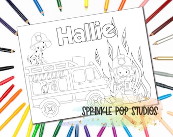 Personalisierte Feuerwehrmann Mädchen Malseite ~ Personalisiertes Malbuch mit Namen ~ Digitaler Download ~ Malseite für Kinder