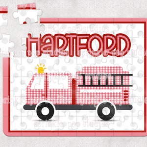Rotes Gingham Feuerwehrauto | Puzzle Sublimation Design Vorlage | Kinder Firetruck Design | Individuelles Puzzle Design | Personalisiertes Puzzle