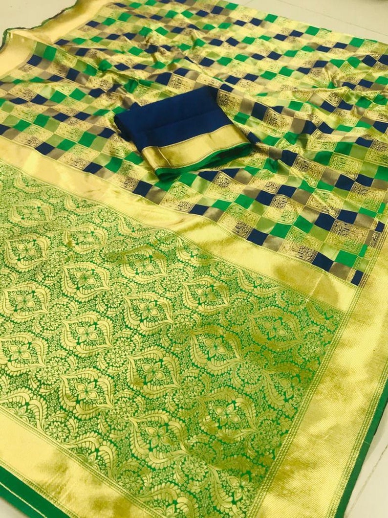 Pure Banarasi Jacquard saree with Fantastic Checks pattern Weaving with thread and zari with beautiful blouse Vrushali/'S Saree
