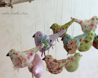 Birds for decor Fabric multicolored birds, cotton bird for friends and neighbors gift Hanging birds pink-grey blue
