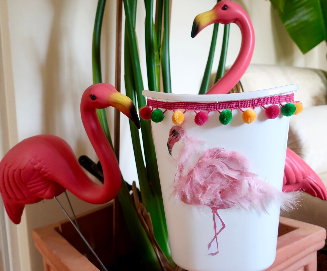 Pink Flamingo retro wastebasket for bath or waste basket for Etsy