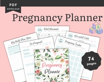 Peut inclure: Un planificateur de grossesse imprimable avec un motif floral. Le planificateur comprend des sections pour suivre les mouvements fœtaux, les visites prénatales et un suivi de la grossesse. La couverture présente un cœur avec le texte "Pregnancy Planner" à l'intérieur. Le planificateur compte 74 pages.