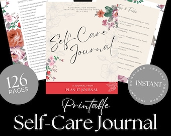 Puede incluir: Un diario de autocuidado imprimible con un diseño floral. El diario tiene 126 páginas y es una descarga digital. El texto de la portada dice "Self-Care Journal" y "A Journal for Women Wanting to Prioritise Their Self-Care".