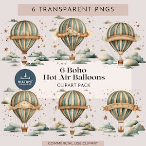 Puede incluir: Seis ilustraciones de acuarela de globos aerostáticos boho con detalles dorados y pancartas. Los globos están sobre un fondo de nubes y estrellas.