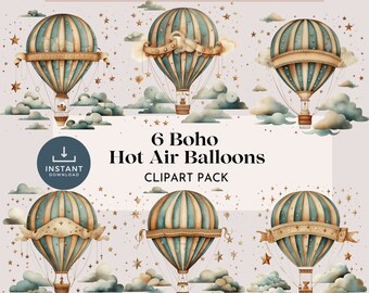 Clipart di mongolfiere boho fatte a mano - Tecnologia AI, 6 PNG, uso commerciale