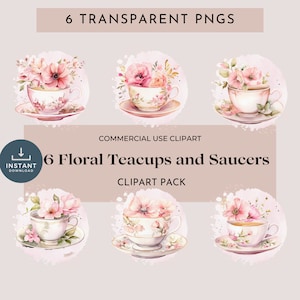 May include: Six watercolor illustrations of floral teacups and saucers. Each teacup and saucer is decorated with pink and white flowers. The teacups are white with gold trim. The saucers are white with a pink and white floral pattern.